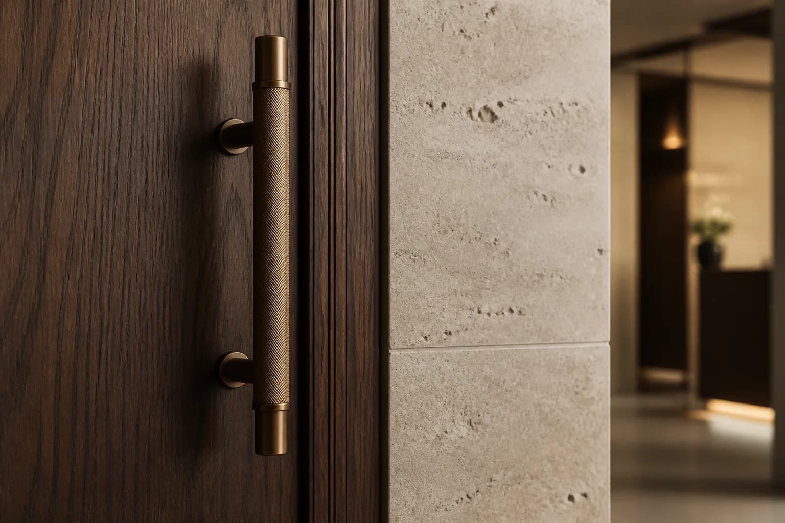 Bronze door handle detail on walnut door at Ashmere