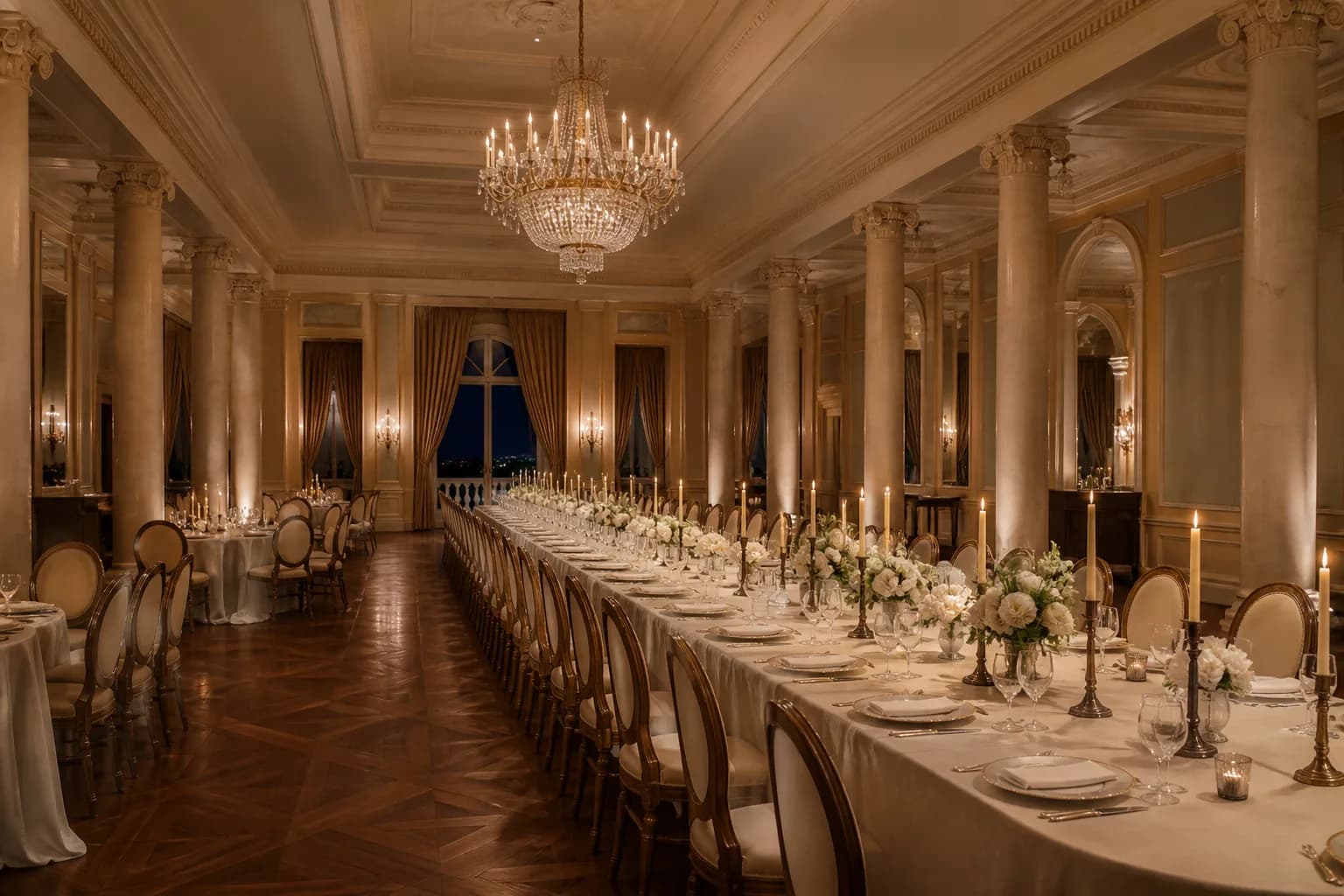 Ashmere private event ballroom with banquet table and chandelier