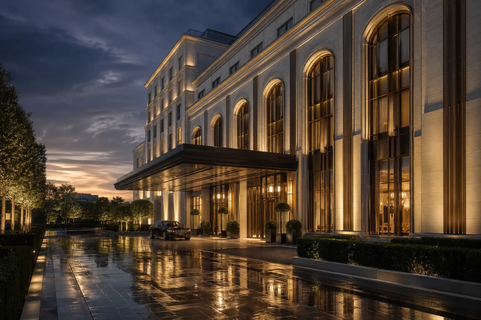 Ashmere hotel exterior at dusk with limestone facade and warm window light