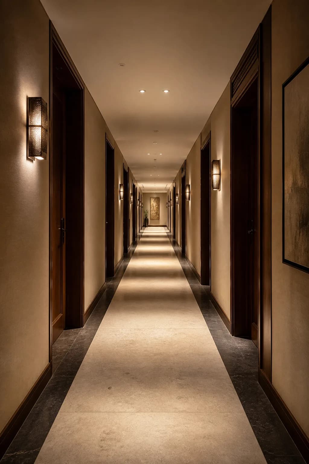 Ashmere hotel corridor with warm bronze sconces